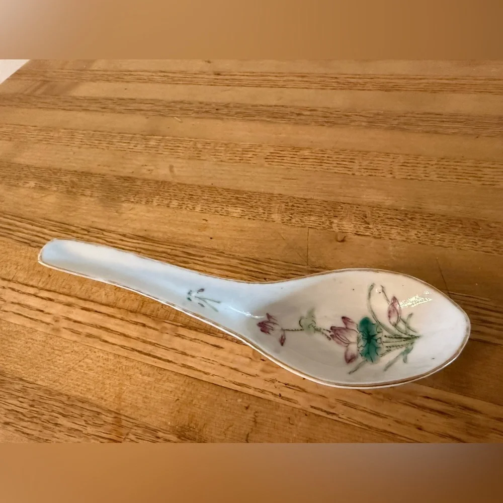 Porcelain Chinese Vintage Hand Painted Floral Soup Spoon